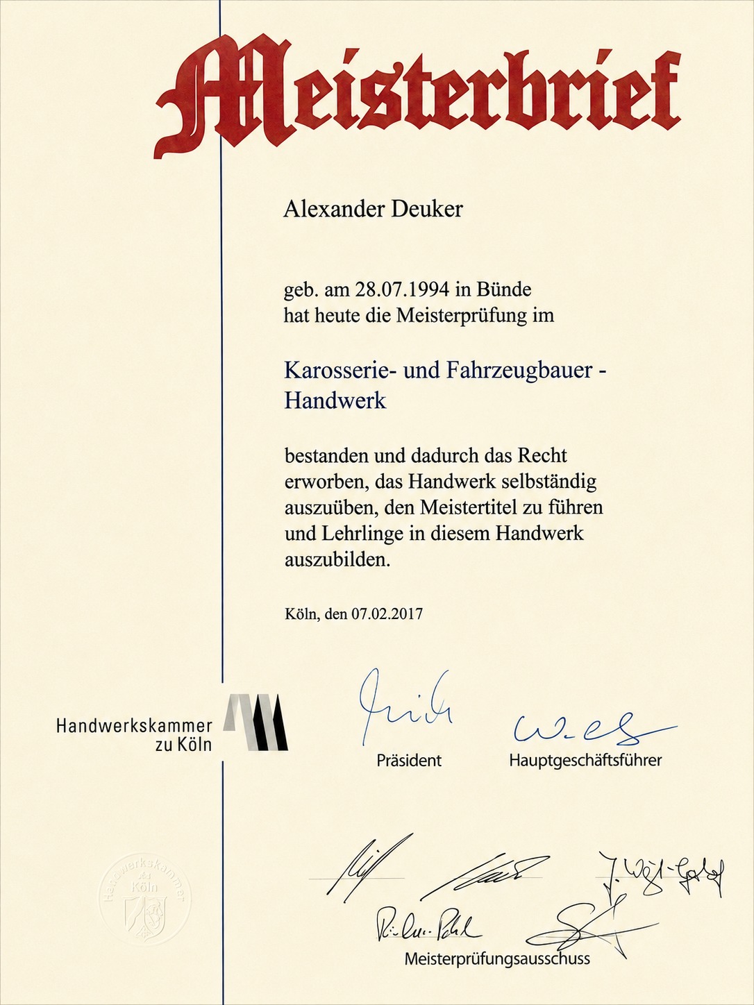 Meisterbrief Alexander Deuker 2017