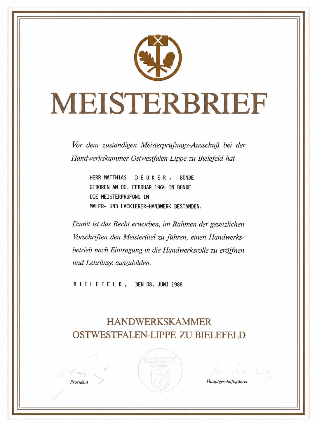 Meisterbrief Matthias Deuker 1988